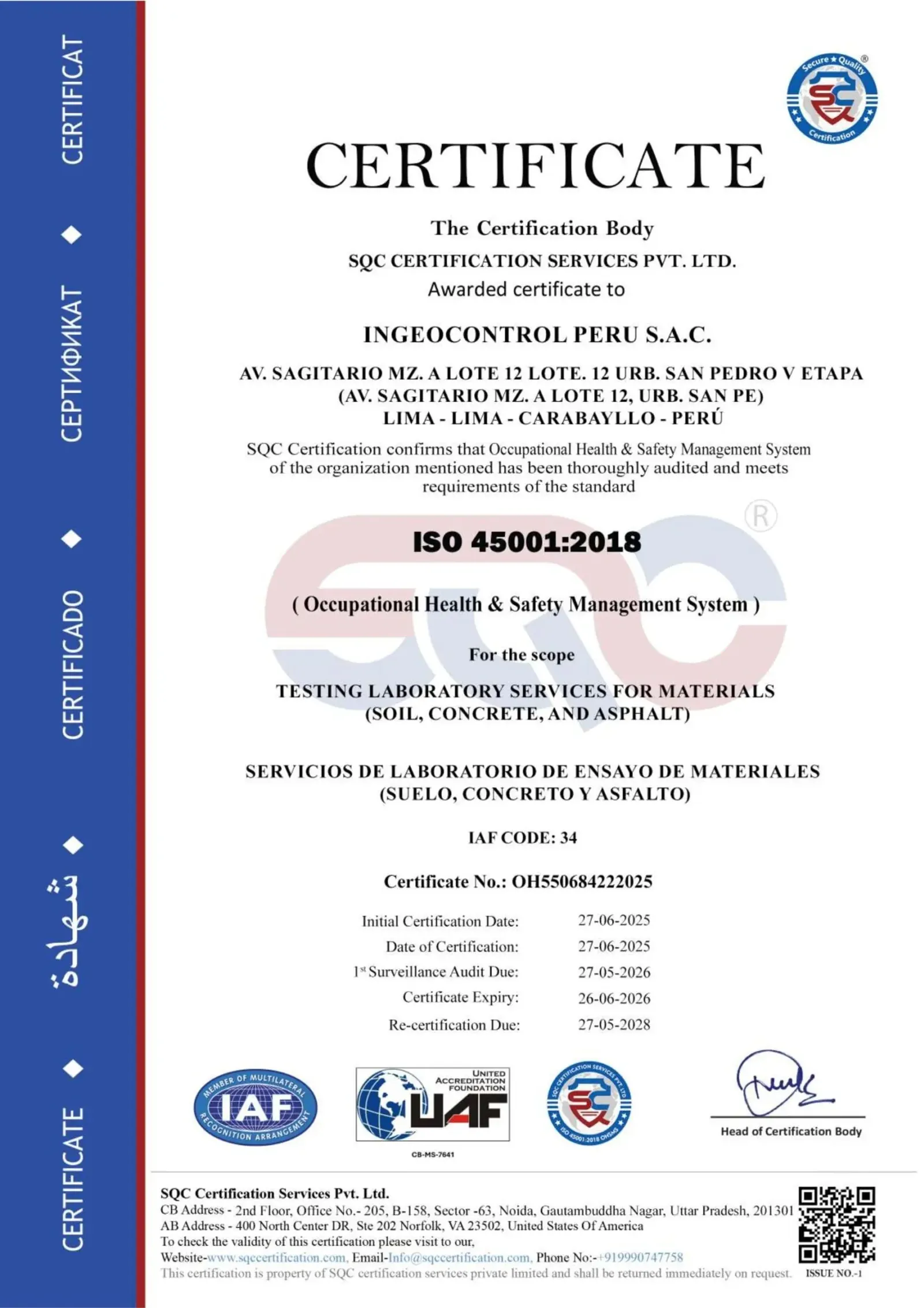 Certificado ISO 45001:2018 de INGEOCONTROL PERÚ S.A.C.