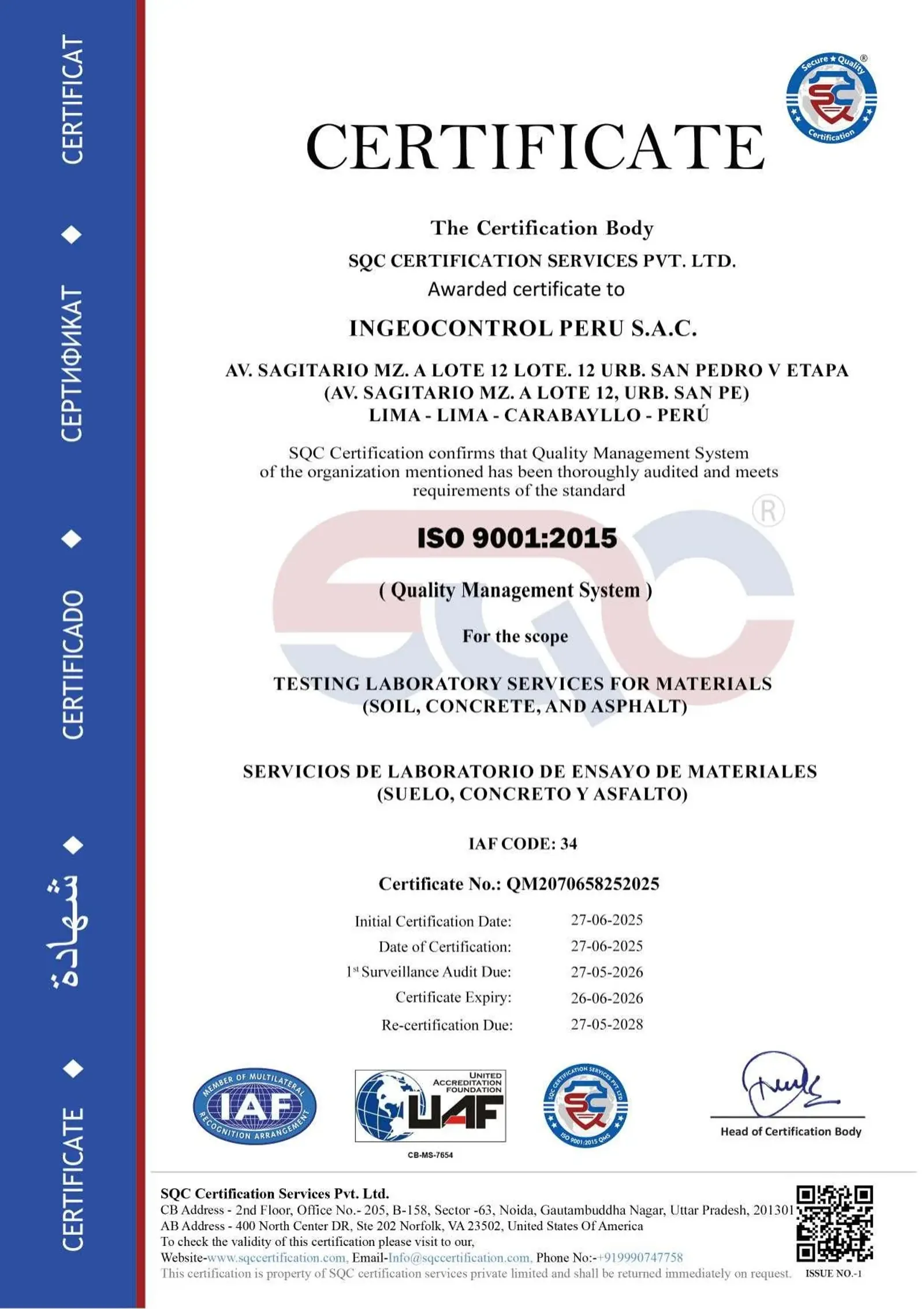 Certificado ISO 9001:2015 de INGEOCONTROL PERÚ S.A.C.